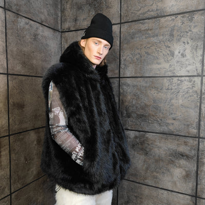 Faux fur luxury jacket handmade premium fleece jacket fluffy hooded coat in black