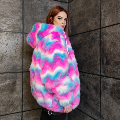 Festival fleece jacket handmade detachable fluffy rave bomber fluorescent faux fur premium grunge top raver coat in pink blue