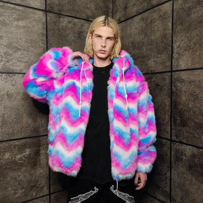 Festival fleece jacket handmade detachable fluffy rave bomber fluorescent faux fur premium grunge top raver coat in pink blue
