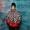 Flame print bomber handmade detachable check pattern puffer devil horn reversible jacket two sided chequerboard coat in black white red