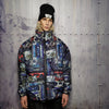 Rave bomber handmade detachable retro hi-fi pattern puffer devil horn reversible grunge jacket two sided techno coat in blue and black