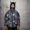 Rave bomber handmade detachable retro hi-fi pattern puffer devil horn reversible grunge jacket two sided techno coat in blue and black