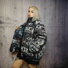 Rave bomber handmade detachable retro hi-fi pattern puffer devil horn reversible grunge jacket two sided techno coat in black and blue