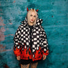 Flame print bomber handmade detachable check pattern puffer devil horn reversible jacket two sided chequerboard coat in black white red