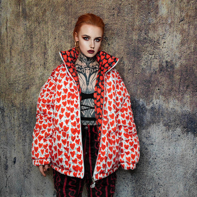 Heart print bomber handmade detachable retro love emoji puffer devil horn reversible grunge jacket two sided raver coat in red and white