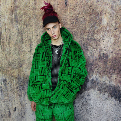 Faux fur luxury jacket handmade premium check fleece jacket fluffy hooded high fashion stripe coat in green back