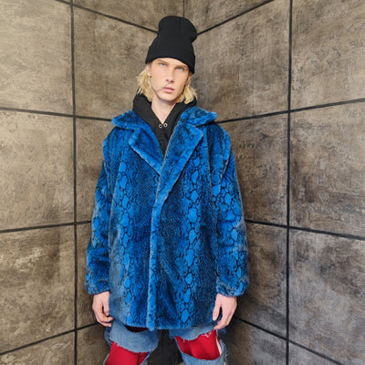 Luxury faux fur snake coat python print bomber handmade detachable fluffy jacket fleece puffer premium grunge trench in blue