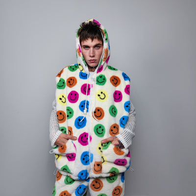 Festival fleece jacket handmade detachable fluffy rave bomber emoji print faux fur premium smiley top party coat in rainbow pattern