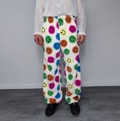 Festival fleece joggers luminous emoji pants handmade fluorescent faux fur raver trousers premium party overalls in rainbow smiley pattern