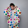 Festival fleece jacket handmade detachable fluffy rave bomber emoji print faux fur premium smiley top party coat in rainbow pattern