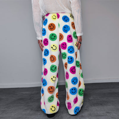 Festival fleece joggers luminous emoji pants handmade fluorescent faux fur raver trousers premium party overalls in rainbow smiley pattern