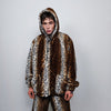 Leopard print jacket handmade detachable fluffy animal print bomber cheetah pattern fleece premium hooded party coat in tie-dye brown