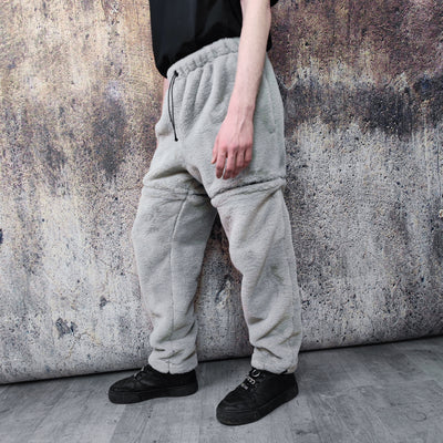 Grey soft fleece joggers luminous detachable pants handmade shiny faux fur raver shorts premium festival overalls in electric light gray