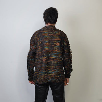 Fluffy sweater shredded jumper distressed knitwear top grunge sweatshirt knitted boho retro sweat in brown