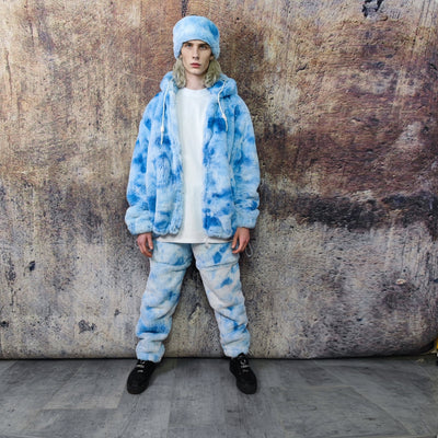 Soft fleece joggers tie-dye detachable fluffy pants handmade gradient faux fur raver shorts premium festival overalls in electric sky blue