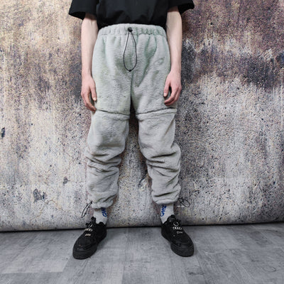 Grey soft fleece joggers luminous detachable pants handmade shiny faux fur raver shorts premium festival overalls in electric light gray