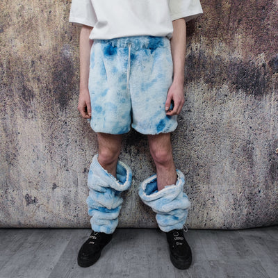 Soft fleece joggers tie-dye detachable fluffy pants handmade gradient faux fur raver shorts premium festival overalls in electric sky blue