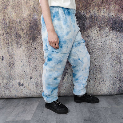 Soft fleece joggers tie-dye detachable fluffy pants handmade gradient faux fur raver shorts premium festival overalls in electric sky blue