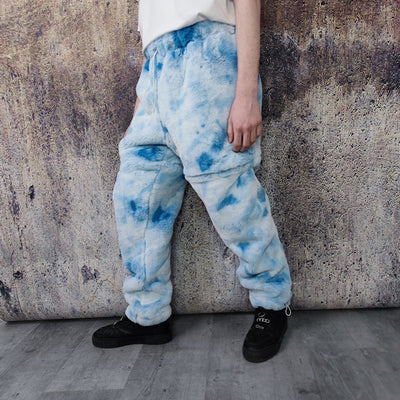 Soft fleece joggers tie-dye detachable fluffy pants handmade gradient faux fur raver shorts premium festival overalls in electric sky blue