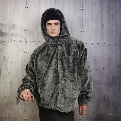 Luxury snake jacket faux fur python print bomber handmade fluffy catwalk fleece puffer premium grunge hooded coat in grey black