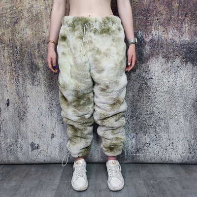 Soft fleece joggers tie-dye detachable faux fur pants handmade gradient fluffy raver shorts premium festival 2 in 1 overalls in cream brown