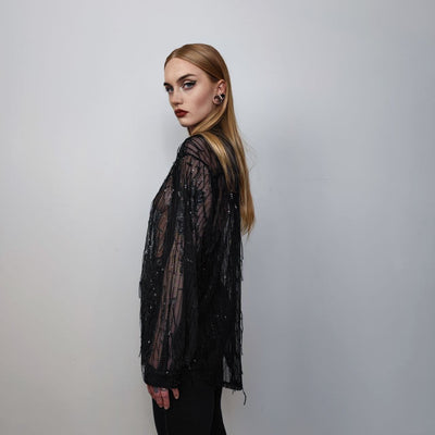 Transparent mesh shirt long sleeve tassels sheer blouse grunge catwalk jumper party see-through top curved button up festival top in black