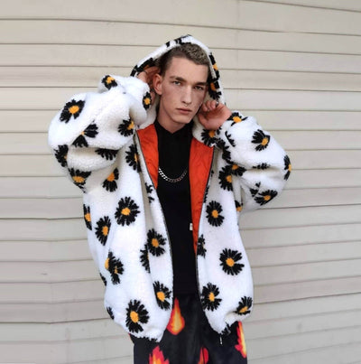 Floral fleece jacket daisy print bomber handmade sunflower coat flower print puffer premium grunge hooded raver jacket in white