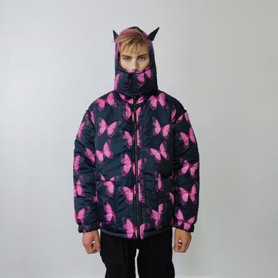 Butterfly bomber handmade reversible graffiti puffer devil horn jacket detachable festival coat two sided hooded neon jacket in pink blue