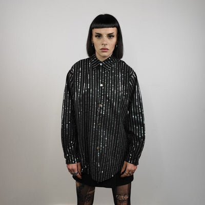 Metallic glitter shirt long sleeve striped blouse grunge catwalk jumper shiny silver party top curved button up festival top in black