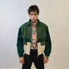 Houndstooth varsity jacket contrast stitching faux leather bomber grunge dogtooth utility coat premium retro aviator jacket in green