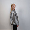 Metallic varsity jacket thin college bomber textured oversize utility jacket going out coat party jacket grunge shiny blazer in silver grey