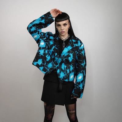 Thunder print cropped blazer grunge punk jacket catwalk bomber cyberpunk jacket lighting strike pattern raver coat in black blue