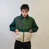 Houndstooth varsity jacket contrast stitching faux leather bomber grunge dogtooth utility coat premium retro aviator jacket in green