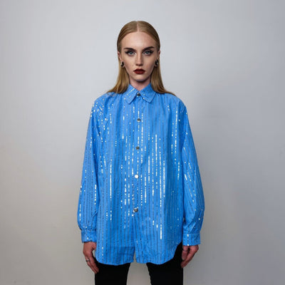 Metallic glitter shirt long sleeve striped blouse grunge catwalk jumper shiny silver party top curved button up going out top in blue