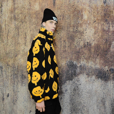 Emoji print fleece jacket fluffy smile bomber festival varsity raised neck cartoon track jacket grunge geometric coat in black yellow