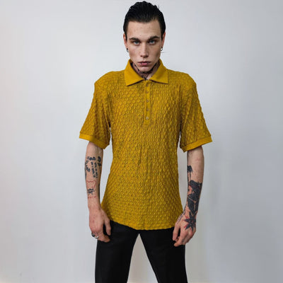 Shoulder padded polo shirt short sleeve textured blouse check party top grunge button up retro festival top in yellow