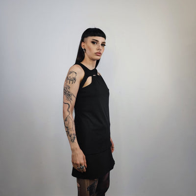 Asymmetric t-shirt cutout sleeveless top utility blouse ripped tank top gothic surfer vest grunge punk tee in black