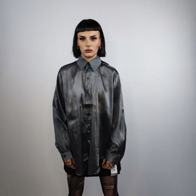 Shiny smart shirt long sleeve transparent blouse see-through oversize going out top sheer sweatshirt in silver grey