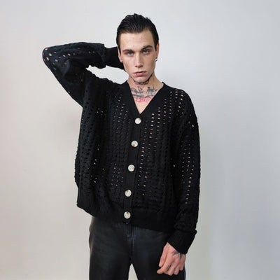 Mesh cardigan transparent sweater distressed knitted jumper textured see-through grunge top punk sweatshirt in black