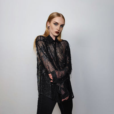 Transparent mesh shirt long sleeve tassels sheer blouse grunge catwalk jumper party see-through top curved button up festival top in black