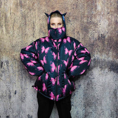 Butterfly bomber handmade reversible graffiti puffer devil horn jacket detachable festival coat two sided hooded neon jacket in blue pink