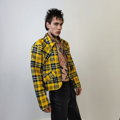 Punk tartan jacket plaid print grunge bomber catwalk gingham varsity jacket rocker bomber metalcore coat premium clueless blazer in yellow