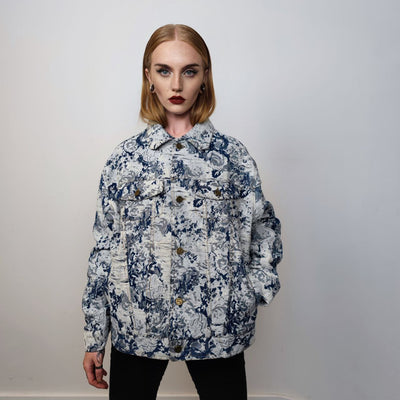 Floral denim jacket embroidered jean bomber retro pattern grunge coat in preppy flower coat in blue