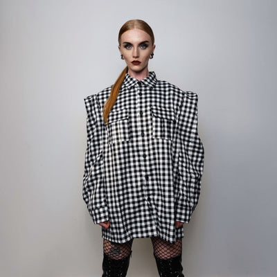 Padded check shirt long sleeve plaid punk top grunge blouse catwalk jumper gingham party top high fashion shirt in black white