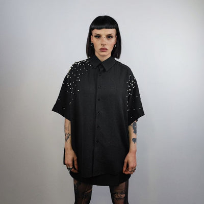 Faux pearl embellished  shirt short baggy sleeves catwalk blouse high fashion grunge jumper fancy dress party top in black