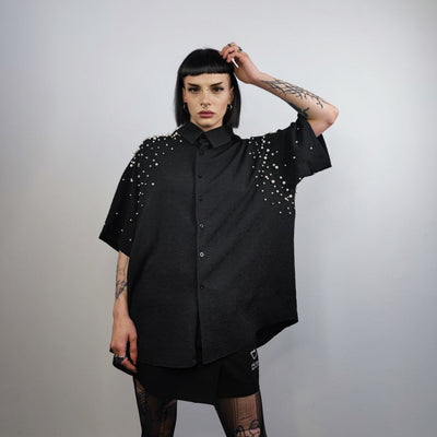 Faux pearl embellished  shirt short baggy sleeves catwalk blouse high fashion grunge jumper fancy dress party top in black