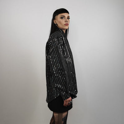 Metallic glitter shirt long sleeve striped blouse grunge catwalk jumper shiny silver party top curved button up festival top in black