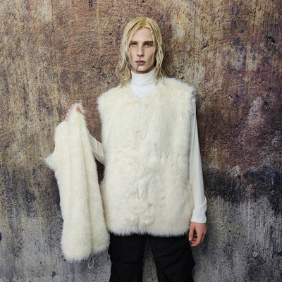 Collarless faux fur coat handmade luxury catwalk jacket premium fleece bomber fluffy trench detachable sleeves jacket in white