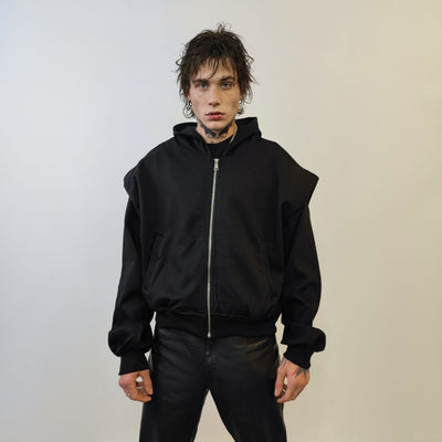 Shoulder padded utility hoodie Gothic pullover grunge punk jumper catwalk sweatshirt zip up gorpcore hooded top in black