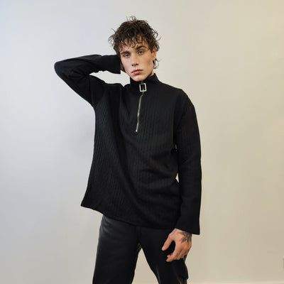 Going out turtleneck zip up Gothic jumper raised neck textured sweater punk top party pullover cable pattern tee in black